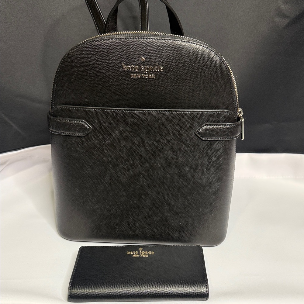 kate spade black leather backpack with matching black wallet